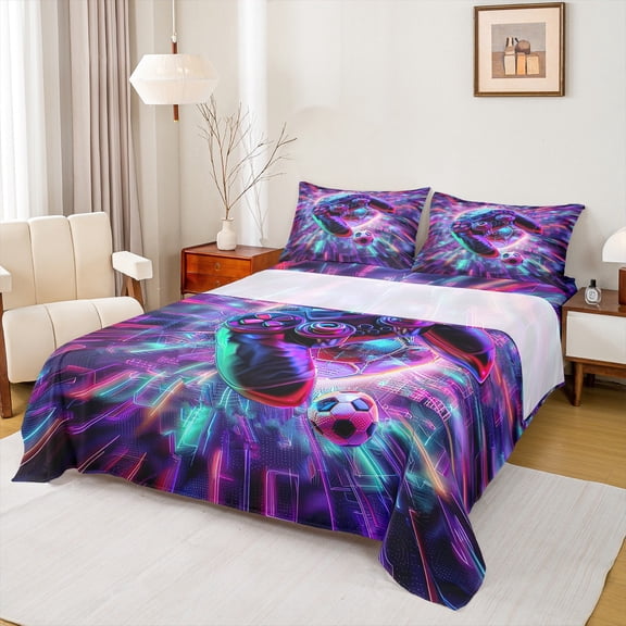 Manfei Gamer Gaming Twin Sheet Sets,Modern Gamepad Twin Fitted Sheet,Soccer Sport Flat Sheet For Teens,Breathable Home Decor,3-Piece