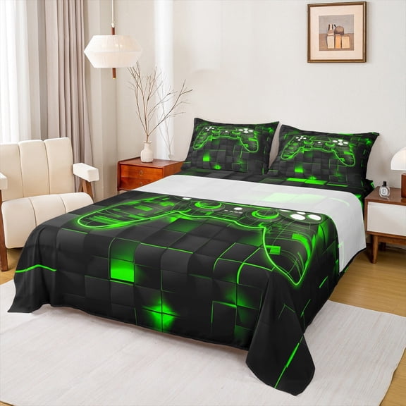 Manfei Gamer Gaming Twin Sheet Sets,Modern Video Game Twin Fitted Sheet,Green Geometric Hexagon Flat Sheet For Kid Boy,Lightweight Room Decorative,3-Piece