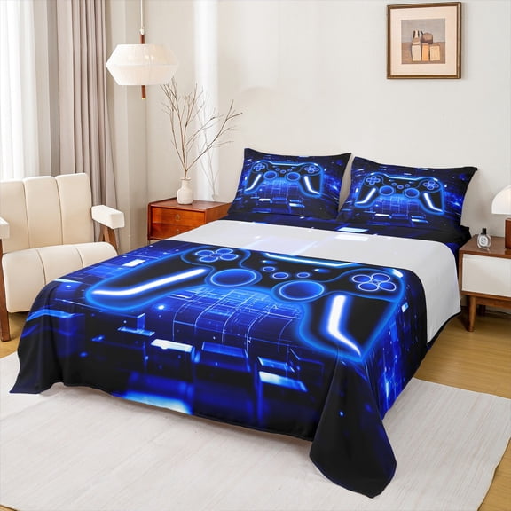 Manfei Gamer Gaming Twin Sheet Sets,Modern Video Game Twin Fitted Sheet,Green Geometric Plaid Flat Sheet For Kid Boy,Lightweight Room Decorative,3pcs