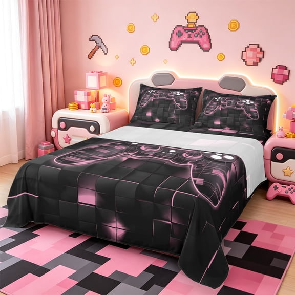 Manfei Gamer Gaming Twin Sheet Sets,Modern Video Game Twin Fitted Sheet,Pink Geometric Checkered Flat Sheet For Kid Boy,Lightweight Room Decorative,3pcs