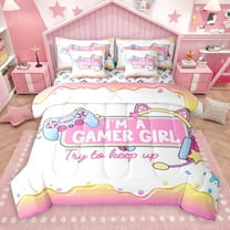 Manfei Gamer Girl 7-Piece Twin Bedding Sets,Gameing Game Gamepad Bedding Comforter Set,Pink White Blue Sheet Sets For Kids Teens,Super Cozy Bedroom Decoration Reversible