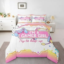 Manfei Gamer Girl Bedding Comforter Set,Gameing Game Gamepad Twin Comforter Sets,Pink White Blue Bedding Set For Kids Teens,Super Cozy Bedroom Decoration Reversible,2 Pieces