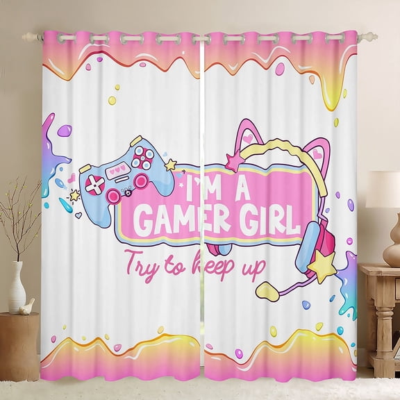 Manfei Gamer Girl Black Out Curtains,Gameing Game Gamepad Curtains Pack of 2 (42x63 Each),Pink White Blue Bedroom Curtains For Kids Teens,Super Cozy Bedroom Decoration