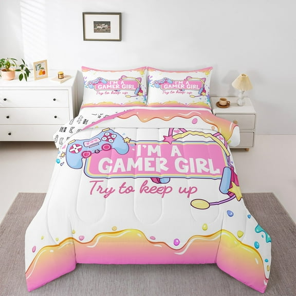 Manfei Gamer Girl Full Size Comforter Sets,Gameing Game Gamepad Bedding Comforter Set,Pink White Blue Bedding Sets For Kids Teens,Super Cozy Bedroom Decoration Reversible,3pcs