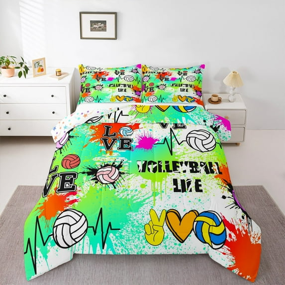 Manfei Gamer Volleyball 3 Pieces Queen Comforter Set,Sport Theme Bedding Sets,Ball Gamer Bedding Comforter Set,Breathable Splash Room Decorative,Reversible