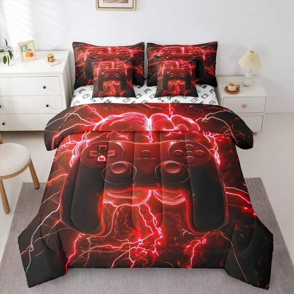 Manfei Gaming 7-Piece Bedding Comforter Set,Teen Video Game King Bedding Sets,Red Gamepad Bed Sheets For Boys Girls,Super Cozy Bedroom Decoration Reversible