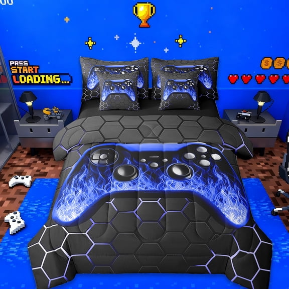 Manfei Gaming Bed in a Bag Twin Size,Game Gamer Controller Bed Set,Gradent Navy Black Bedding Twin Size For Boy,Microfiber Room Decor Reversible,7 Pieces