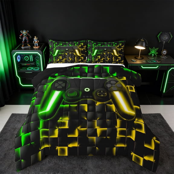 Manfei Gaming Bedding Comforter Set,Geometric Grid Twin Comforter Sets,Gradent Green Yellow Bedding Set For Boy,Microfiber Room Decor Reversible,2 Pieces