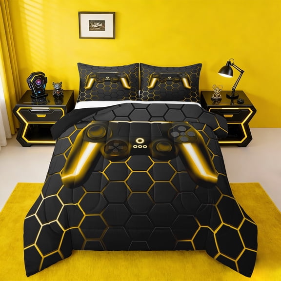 Manfei Gaming Bedding Comforter Set,Geometric Hexagon Twin Comforter Sets,Gradent Yellow Black Bedding Set For Boy,Microfiber Room Decor Reversible,2 Pieces