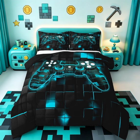 Manfei Gaming Bedding Comforter Set,Geometric Plaid Twin Comforter Sets,Gradent Cyan Black Bedding Set For Boy,Microfiber Room Decor Reversible,2pcs