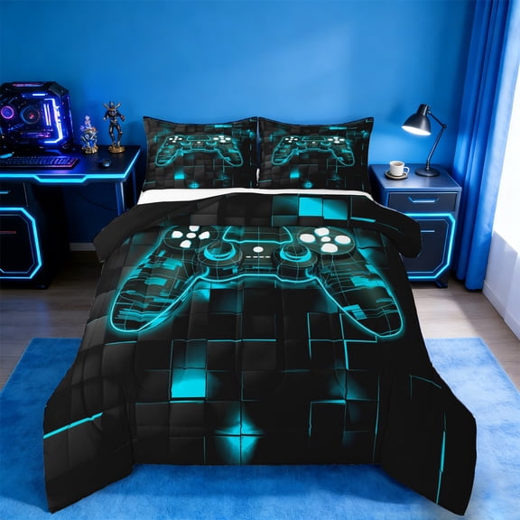 Manfei Gaming Bedding Comforter Set,Geometric Plaid Twin Comforter Sets,Gradent Cyan Black Bedding Set For Boy,Microfiber Room Decor Reversible,2pcs