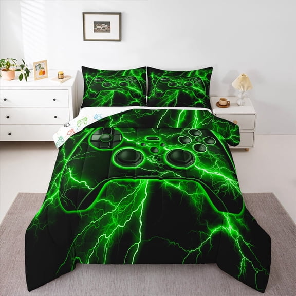 Manfei Gaming Bedding Comforter Set,Teen Video Game Twin Comforter Sets,Green Gameoad Lightning Bedding Set For Boys Girls,Super Cozy Bedroom Decoration Reversible,2pcs