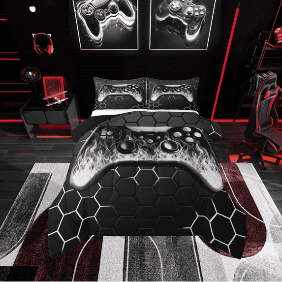 Manfei Gaming Bedding King Comforter Set,Geometry Hexagon Down Comforter,Gradent Black Silver Bedding Sets King with Comforter For Boy,Microfiber Room Decor Reversible,3 Pieces