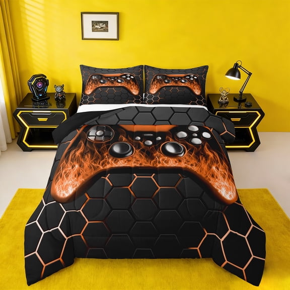 Manfei Gaming Bedding Sets Twin with Comforter,Game Gamer Controller Duvet Insert,Gradent Orange Black Comforter Sets Twin Size For Boy,Microfiber Room Decor Reversible,2pcs