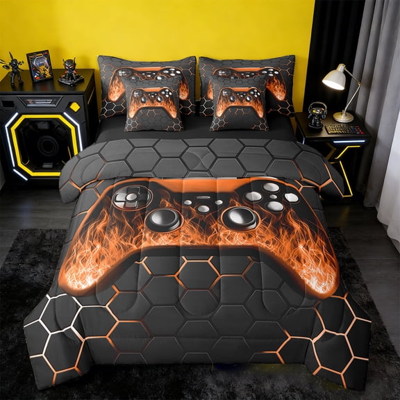 Manfei Gaming Bedding Twin Size,Game Gamer Controller Comforter Sets with Sheets,Gradent Orange Black Bedding Sets Twin Size For Boy,Microfiber Room Decor Reversible,7pcs