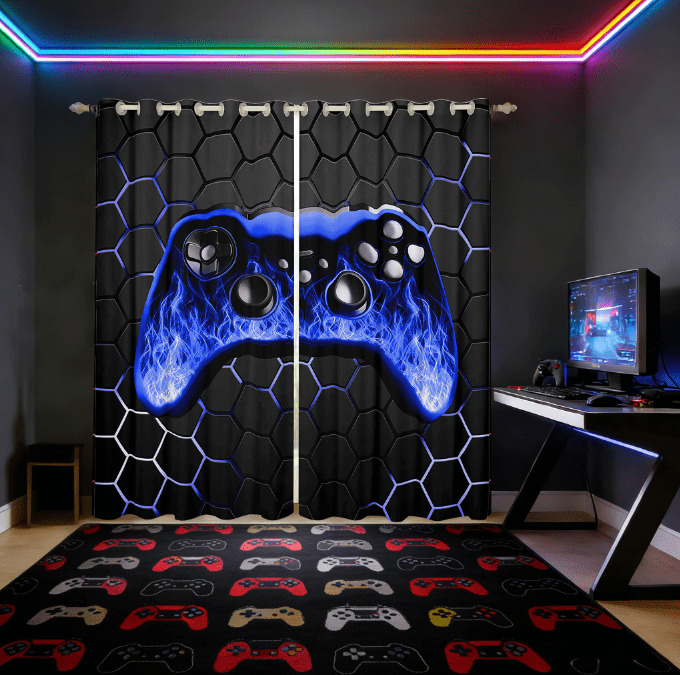Manfei Gaming Curtains for Living Room,Game Gamer Controller Blackout Curtains Set of 2 (42x63),Gradent Navy Black Curtains and Drapes (42x63) For Boy,Microfiber Room Decor