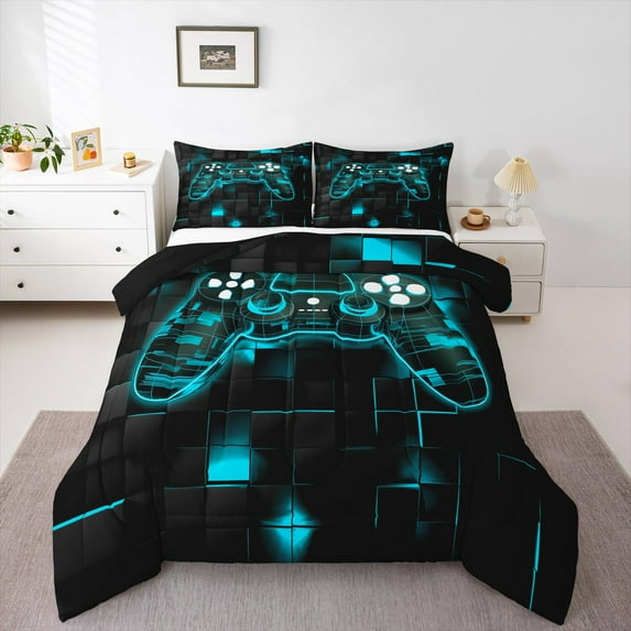 Manfei Gaming Full Size Comforter Sets,Geometry Plaid Bedding Comforter Set,Gradent Cyan Black Bedding Sets For Boy,Microfiber Room Decor Reversible,3-Piece
