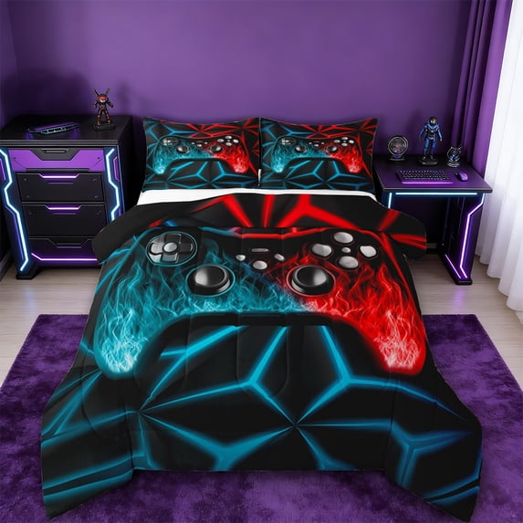 Manfei Gaming Full Size Comforter Sets,Teen Video Game Bedding Comforter Set,Blue Red Gamepad Bedding Sets For Boys Girls,Super Cozy Bedroom Decoration Reversible,3 Pieces