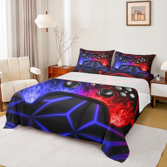 Manfei Gaming Full Size Sheets,Teen Video Game Bed Sheets,Red Purple Gamepad Sheet Sets For Boys Girls,Super Cozy Bedroom Decoration,4-Piece