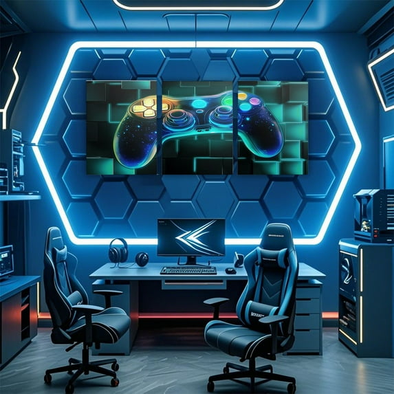 Manfei Gaming Gamepad Canvas Wall Art Bedroom, Neon Buffalo Plaid Framed Wall Art Set of 3, Video Game Wall Decor for Living Room, Luxury Living Room Decorative