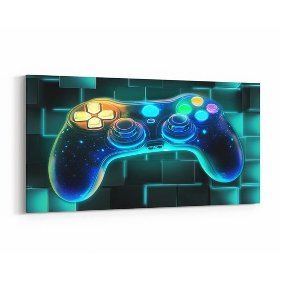 Manfei Gaming Gamepad Canvas Wall Art Bedroom, Neon Buffalo Plaid Wall Hanging Decor Living Room 38x19, Video Game Wall Decor for 38x19, Luxury Living Room Decorative