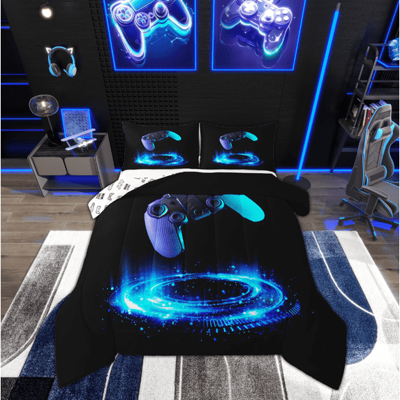 Manfei Gaming Gamepad Comforter Sets Full Size, Modern Game Lover Down Comforter, Teens Boys Girls Reversible Bedding Full Comforter Set, Ultra Soft Bedroom Decoration, 3pcs