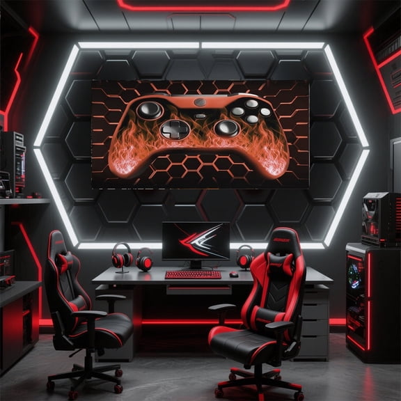 Manfei Gaming Gamer Paintings Wall Decor, Game Gamepad Wall Hanging Decor for Bedroom 38x19, Black Neon Honeycomb Wall Decor for Kitchen 38x19, Luxury Living Room Decoration