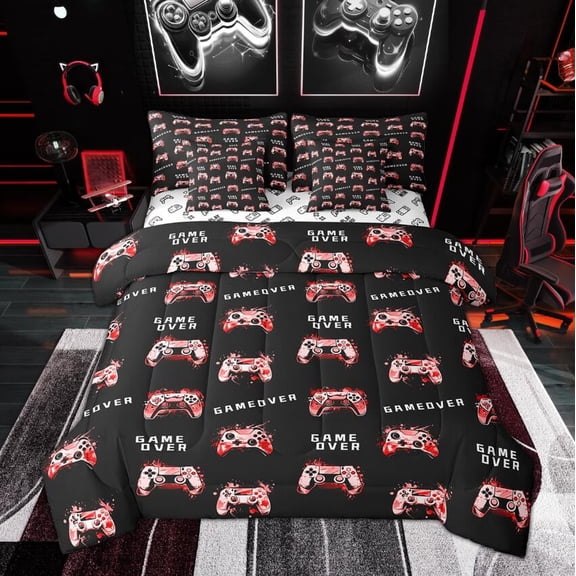 Manfei Gaming Gamer Twin Bedding Sets 7-Piece for Boys Teens, Red Game Controller Bedding Comforter Set, Game Over Sheet Sets, Microfiber Room Decor