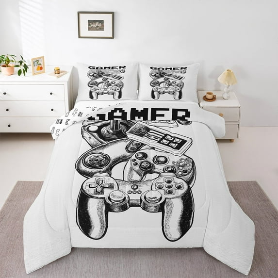 Manfei Gaming King Size Comforter Sets,Teen Video Game Bedding Comforter Set,White Black Gamepad Bedding Set For Boys Girls,Super Cozy Bedroom Decoration Reversible,3pcs