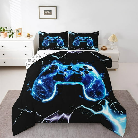 Manfei Gaming Queen Comforter Set,Teen Video Game Bedding Sets,Blue Black Gamepad Bedding Comforter Set For Boys Girls,Super Cozy Bedroom Decoration Reversible,3-Piece