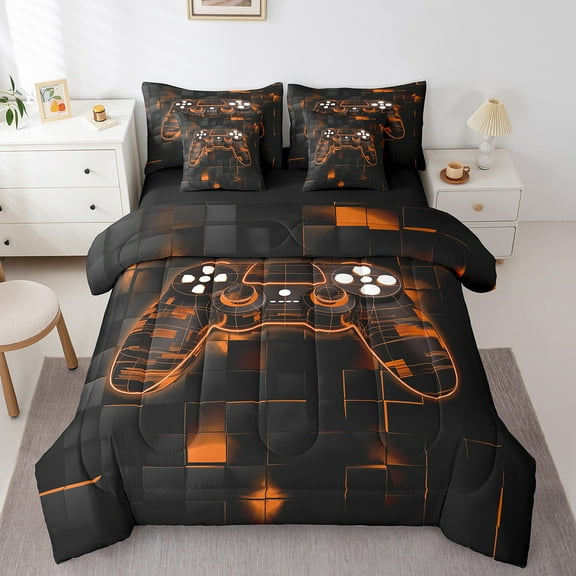 Manfei Gaming Twin Bedding Sets 7-Piece,Geometric Grid Bedding Comforter Set 7-Piece,Gradent Orange Black Sheet Sets For Boy,Microfiber Room Decor Reversible