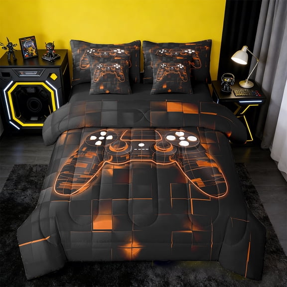 Manfei Gaming Twin Bedding Sets 7-Piece,Geometric Grid Bedding Comforter Set 7-Piece,Gradent Orange Black Sheet Sets For Boy,Microfiber Room Decor Reversible