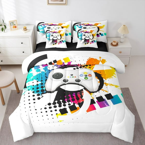Manfei Gaming Twin Bedding Sets 7-Piece,Modern Gamepad Bedding Comforter Set,Multicolor Splashing Ink Sheet Sets For Boy,Microfiber Room Decor,Reversible