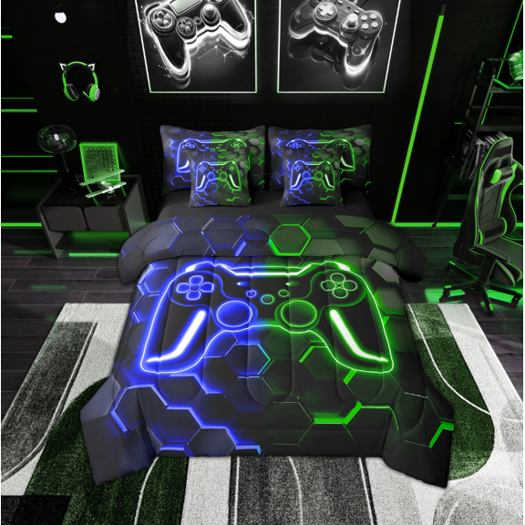 Manfei Gaming Twin Bedding Sets 7-Piece,Stereoscopic Geometric Grid Bedding Comforter Set,Gradent Blue Green Sheet Sets For Boy,Microfiber Room Decor,Reversible