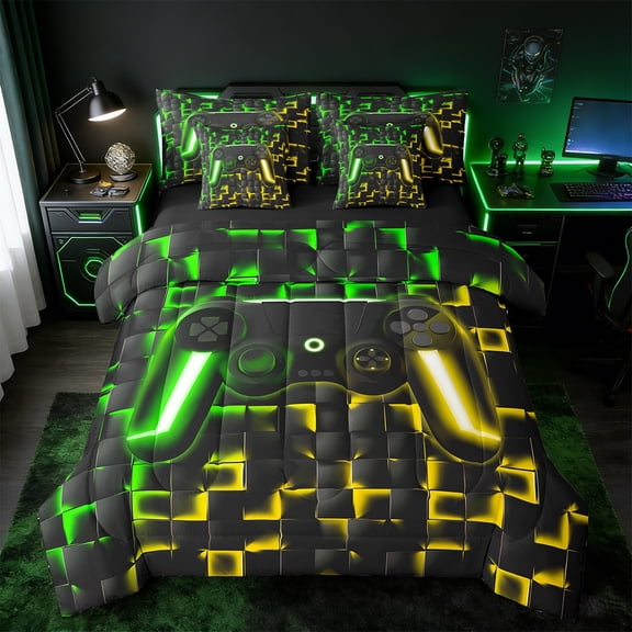 Manfei Gaming Twin Bedding Sets 7 Pieces,Geometric Grid Bedding Comforter Set 7 Pieces,Gradent Green Yellow Sheet Sets For Boy,Microfiber Room Decor Reversible