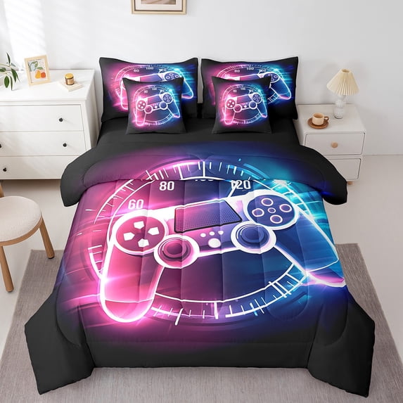 Manfei Gaming Twin Bedding Sets 7 Pieces,Neon Gamepad Bedding Comforter Set 7 Pieces,Gradent Pink Blue Sheet Sets For Boy,Microfiber Room Decor Reversible
