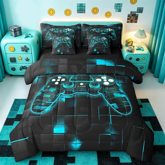 Manfei Gaming Twin Bedding Sets 7pcs,Geometric Plaid Bedding Comforter Set 7pcs,Gradent Cyan Black Sheet Sets For Boy,Microfiber Room Decor Reversible