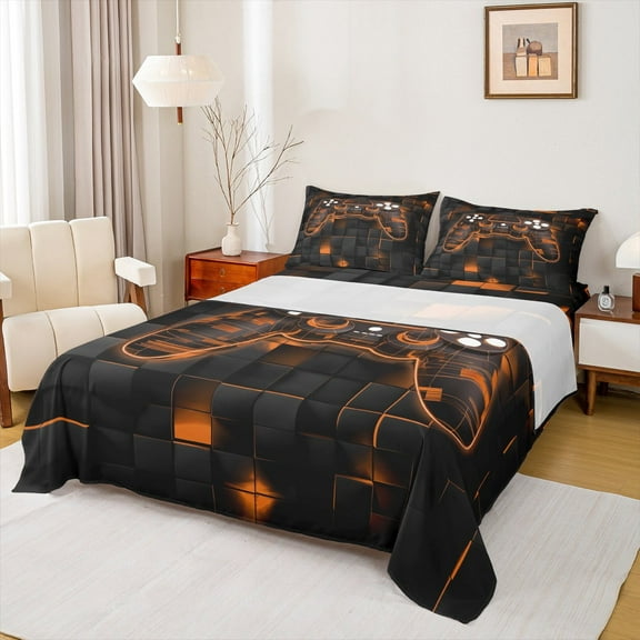 Manfei Gaming Twin Sheet Sets,Geometric Grid Twin Fitted Sheet,Gradent Orange Black Flat Sheet For Boy,Microfiber Room Decor,3-Piece