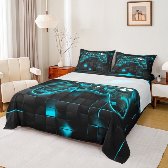 Manfei Gaming Twin Sheet Sets,Geometric Plaid Twin Fitted Sheet,Gradent Cyan Black Flat Sheet For Boy,Microfiber Room Decor,3pcs