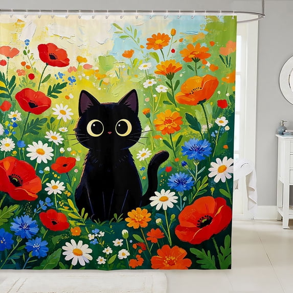 Manfei Garden Black Cat Shower Curtain 72Wx84L, Wildflower Daisy Bathroom Shower Curtain, Green