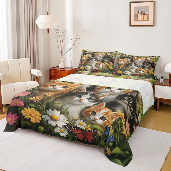 Manfei Garden Cat Kitten Queen Sheet Sets for Teen, Rustic Groovy Flower Flat Sheet, Retro Frech Style Queen Fitted Sheet, Super Cozy Room Decor, 4-Piece