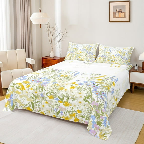 Manfei Garden Floral Flower Queen Sheet Sets, Farmhouse Plant Botanical Flat Sheet, Vintage Fashion Style Queen Fitted Sheet, Microfiber Bedroom Decor, 4pcs