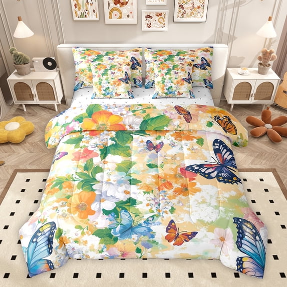 Homewish Garden Floral Flower Twin Bedding Sets 7-Piece, Kawaii Butterfly Bedding Comforter Set, Oil Printing Artwork Reversible Sheet Sets, Luxury Bedroom Decor