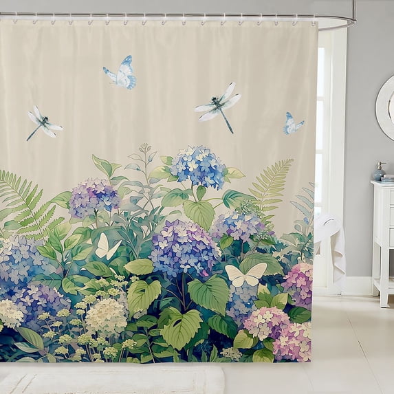 Manfei Garden Hydrangea Floral Shower Curtain 72Wx72L, Cute Flower Dragonfly Bathroom Curtain, Light Blue Purple Cream