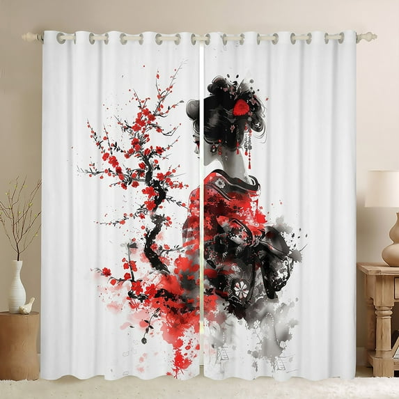 Manfei Geisha Girls Black Out Curtains, Traditional Japanese Style Curtains Pack of 2 (42x63 Each), Red Plum Blossom Bedroom Curtains, Luxury Bedroom Decor