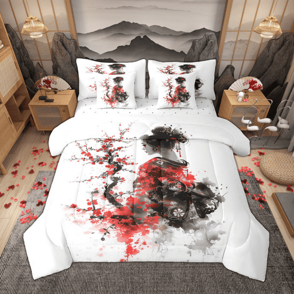 Manfei Geisha Girls Twin Bedding Sets 7pcs, Traditional Japanese Style Bedding Comforter Set, Red Plum Blossom Sheet Sets, Luxury Bedroom Decor