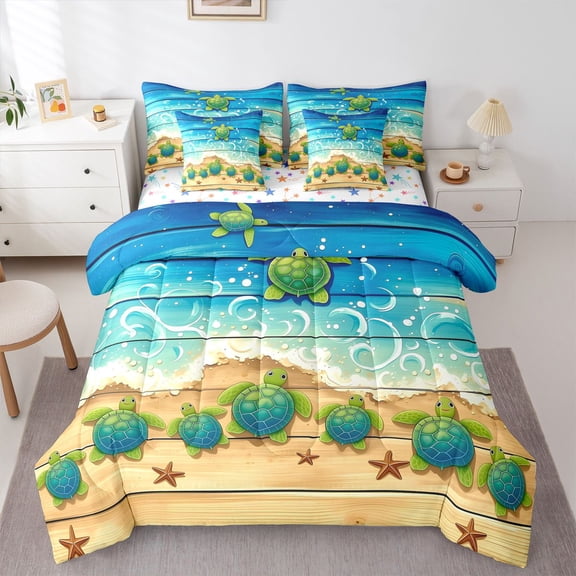 Manfei Gentle Ocean Wave 7 Pieces Full Size Bedding Sets,Kawaii Sea Turtle Full Size Bed in a Bag,Green Blue,Colorful Stars Reversible