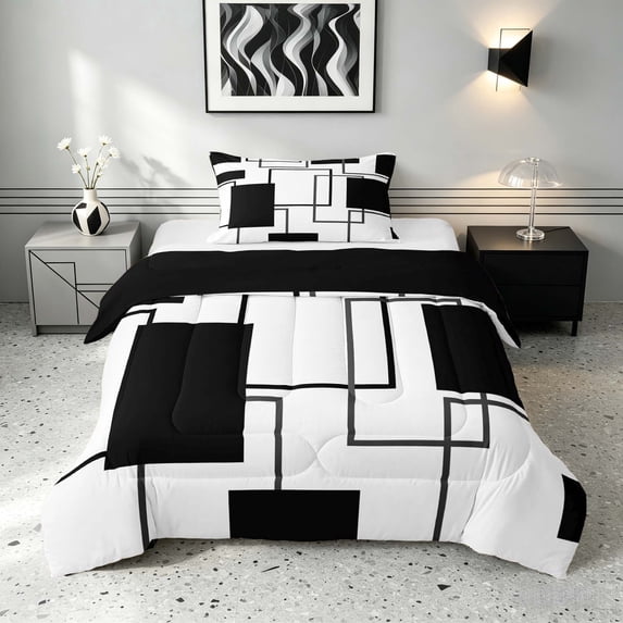 Manfei Geometric Black White Square Twin Comforter Sets,Contemporary Simple Art Bedding Set, Black Reversible 2 Pieces, 1 Comforter and 1 Pillowcase