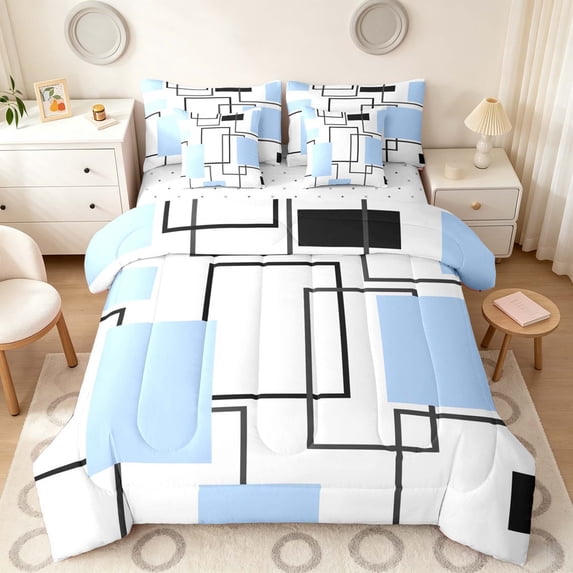 Manfei Geometric Blue Black Square Twin Bedding,Contemporary Simple Art Bedding Comforter Set, Reversible 7-Piece