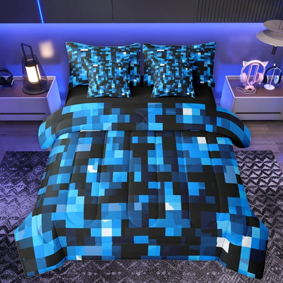 Manfei Geometric Check 7-Piece Bedding Comforter Set,Patchwork Pixel Buffalo King Bedding Sets,Blue Black Bed Sheets For Girls Boys,Breathable Home Decor Reversible